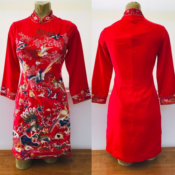 Heavily-EMBROIDERED Bird Theme CHINOISERIE Dress S - Picture 3 of 16